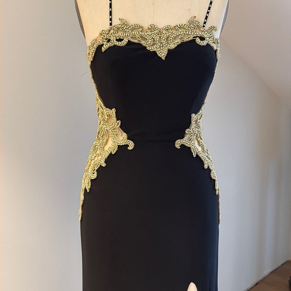 La Femme Black Strapless Evening Gown with Gold Appliqué